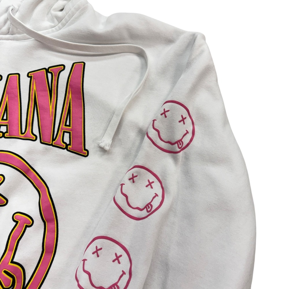 H&M Nirvana Womens Hoodie White Pink Smiley Face Graphic Cotton Blend Fleece L - Picture 7 of 12